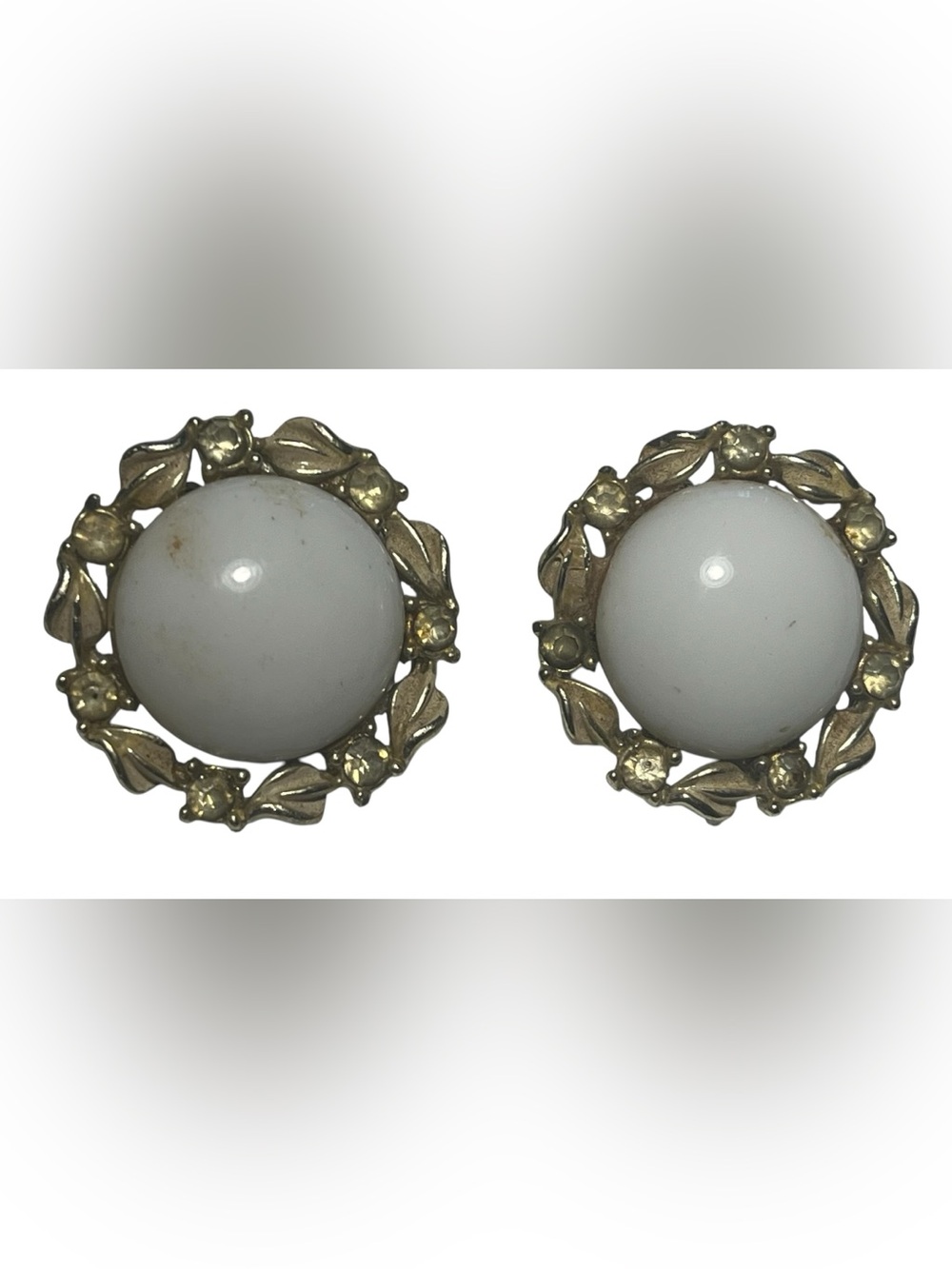 Classic Metal Gold Floral White Cabochon Clip-on Earrings